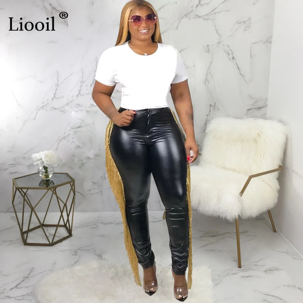 Liooil, искусственная кожа, ПУ, с кисточками, узкие брюки, женские, черные, слаксы,, уличная одежда, Сексуальные клубные брюки, бодикон, высокая талия, длинные штаны