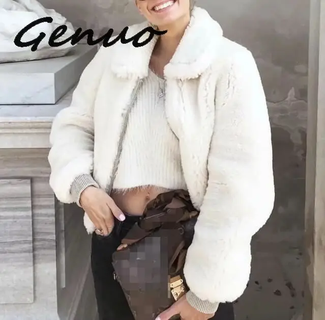 Genuo, новинка, теплый плюшевый жакет для женщин, зимнее белое пальто с отложным воротником и длинным рукавом, модная верхняя одежда для женщин, уличная одежда