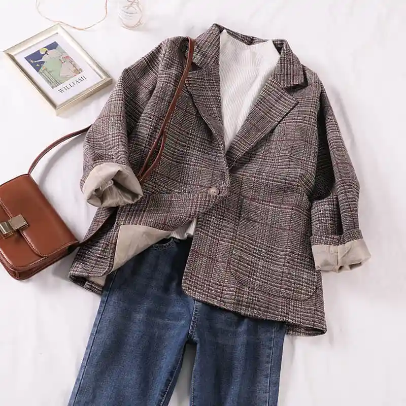 

Casual Classic Office Lady Plaid Women Jacket Blazer Double Breasted Notched Collar Pockets Loose Jackets Female plaid blazer