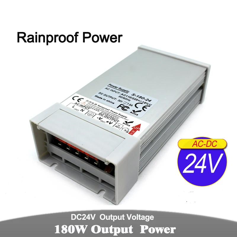 

Power Supply Unit DC24V 7.5A 180W Driver Transformer 110v 220V AC DC 24V Rainproof Power Source For LED Strip Light Monitor cctv