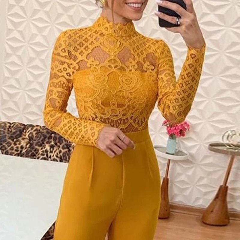 

Elegant Lace Hollow Out Long Sleeve Jumpsuit 2019 Autumn Casual Long Overalls Playsuit Women Flared Pants Wide Leg Pants