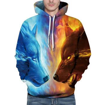

Ice Fire Wolf Digital Printing Hooded Long Sleeve Men And Women Lovers Spring And Autumn Sportswear 2020 New