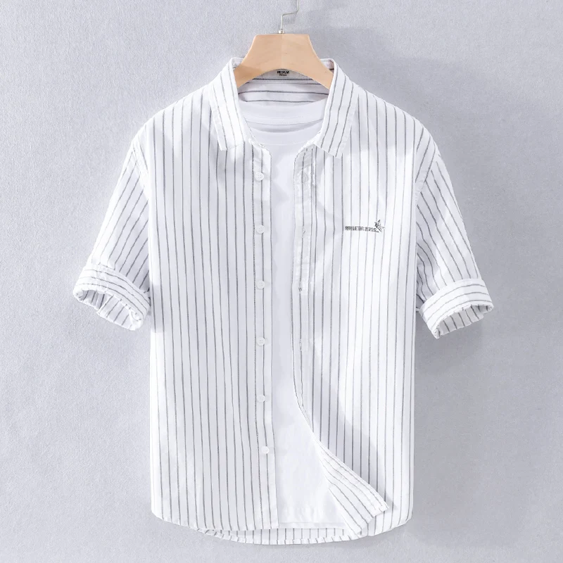 

Suehaiwe's brand Italy style half sleeve striped casual shirt men fashion embroidery white shirts men camisa chemise tops