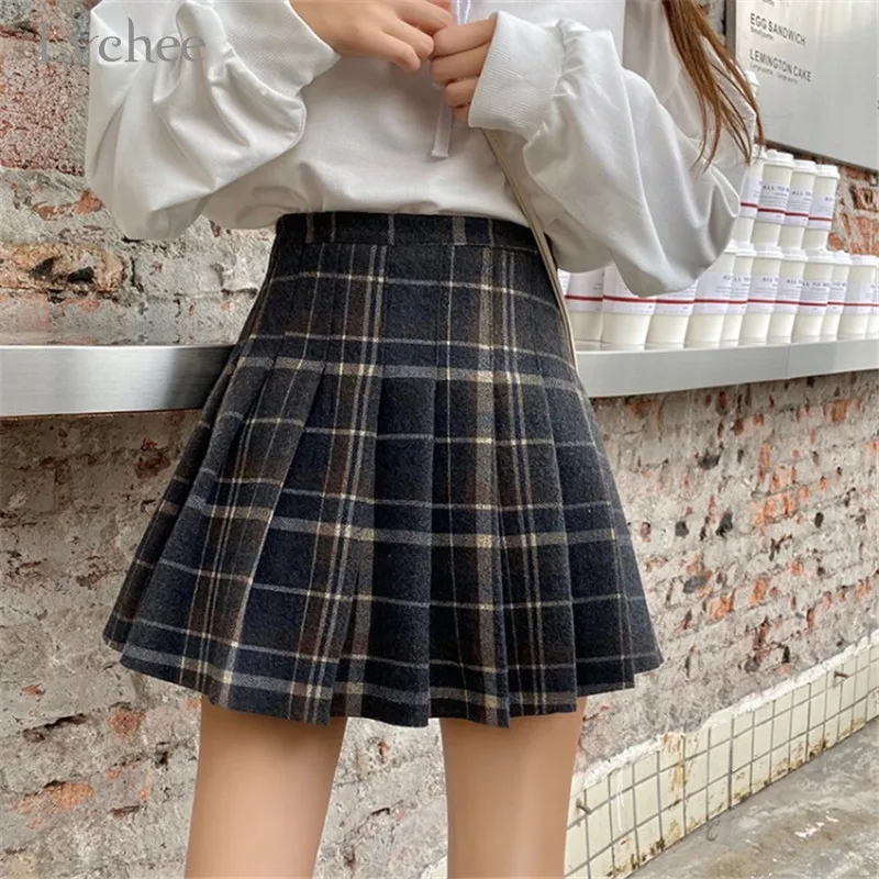 Lychee, Harajuku, клетчатая плиссированная Женская юбка, повседневная, свободная, трапециевидная, высокая талия, мини, женские юбки, весна, лето, осень, женская нижняя часть
