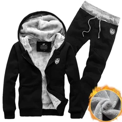 Terno do esporte masculino velo engrossado com capuz cardigan camisola elegante com zíper casaco grosso de duas peças terno 2021 outono e inverno