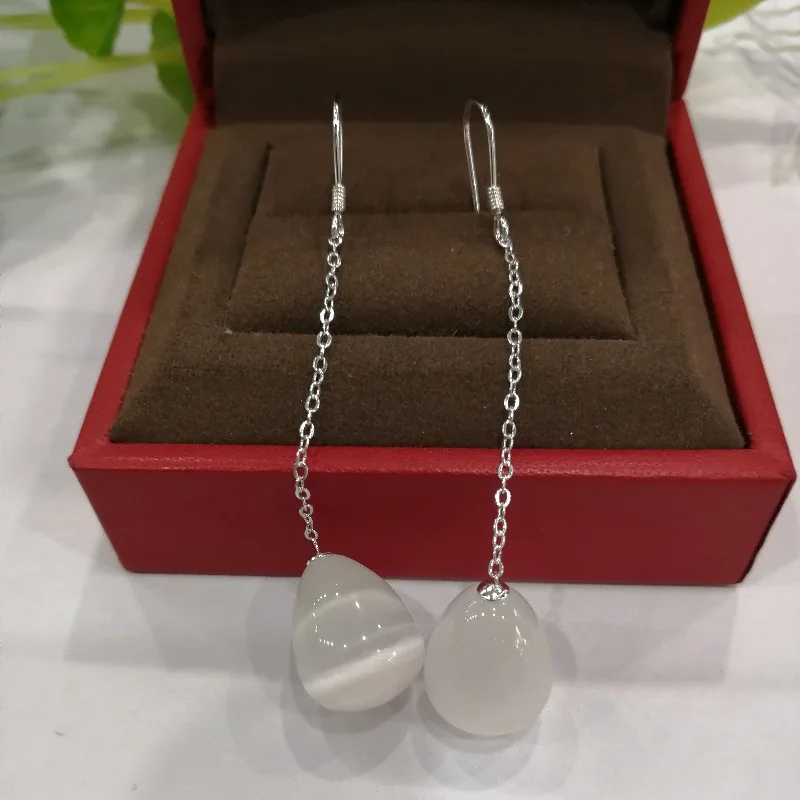 

Real Sterling S925 Silver White Cat Eyes Stone Opal Drop Dangle Earrings 48x13mm