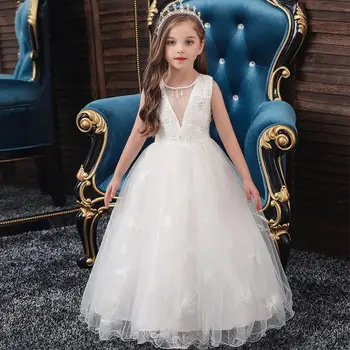 

New V-neck big boy dress princess dress girl embroidery sleeveless solid color stitching long dress children wedding dress