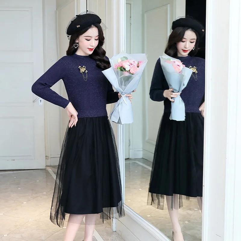 

Spring And Autumn Long Sleeve Mock Two-Piece Jersey Dress Women's Early Autumn Graceful Retro Slimming Sweater Base Skirt Fashio