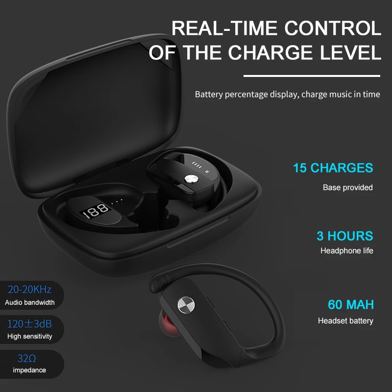T16 Wireless Bluetooth 5 0 Headset LED Digital Display Ear Hanging IP67 Waterproof Sports Headphone With 2600mAH Charging Box