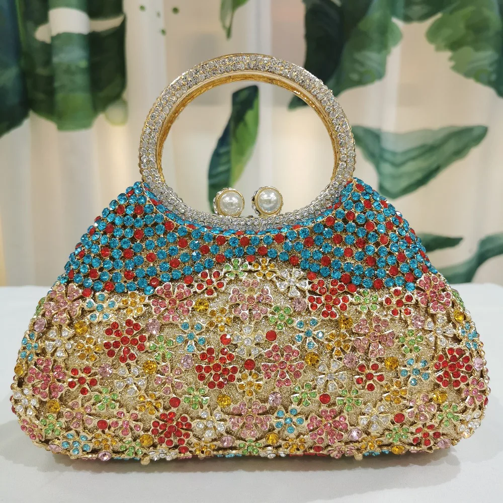 Gold Metal Pearl Top-Handle White Crystal Clutch Bag High Quality Women's Flower Diamond Wedding Bridal Handbags Fashion Bags