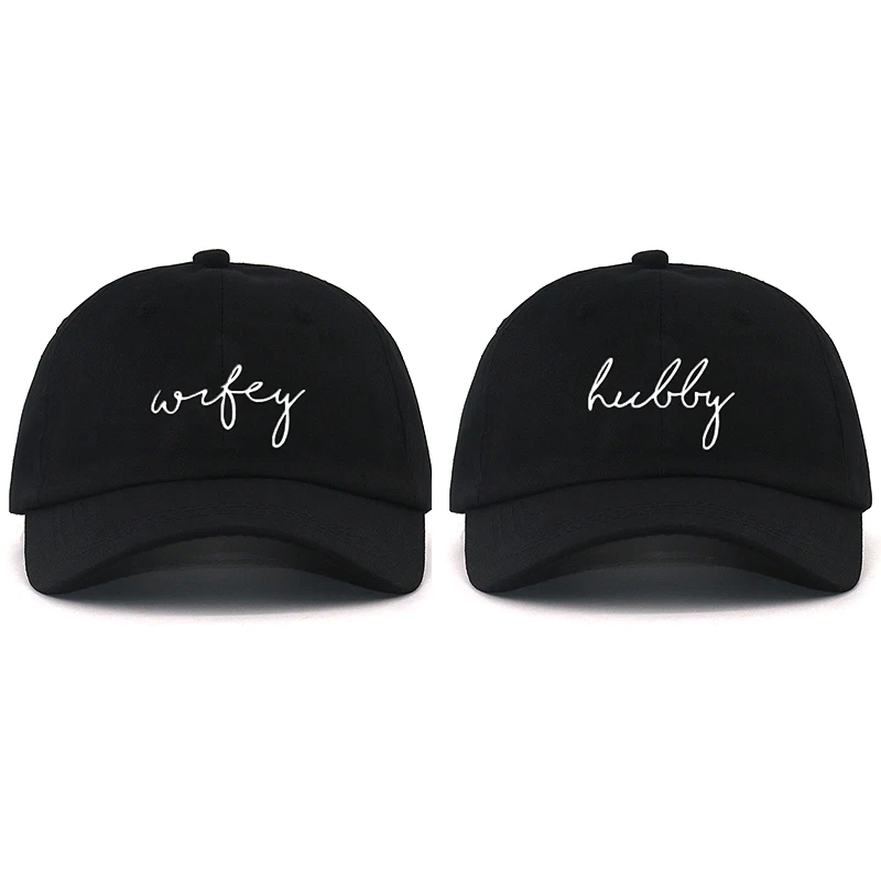 

SET OF 2 Wifey Hubby Dad Hat Embroidered Black Baseball Cap Low Profile Strap Back Unisex Adjustable Baseball Hat