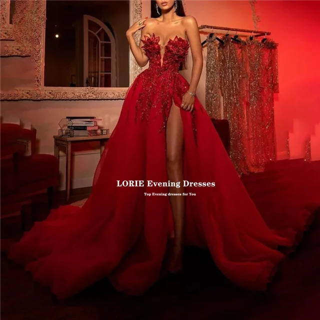 Red Elegant Long Prom Dress 2021 Luxury Strapless Sleeveless Sequin Shiny Split Tulle Ball Gown Women Formal Evening Party Gowns Red