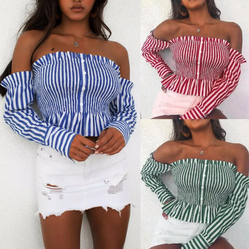 

2019 Sexy Striped Printed Off The Shoulder Long Sleeve Women Tops Summer Sexy T Shirt Women Sexy Tops and Shirt