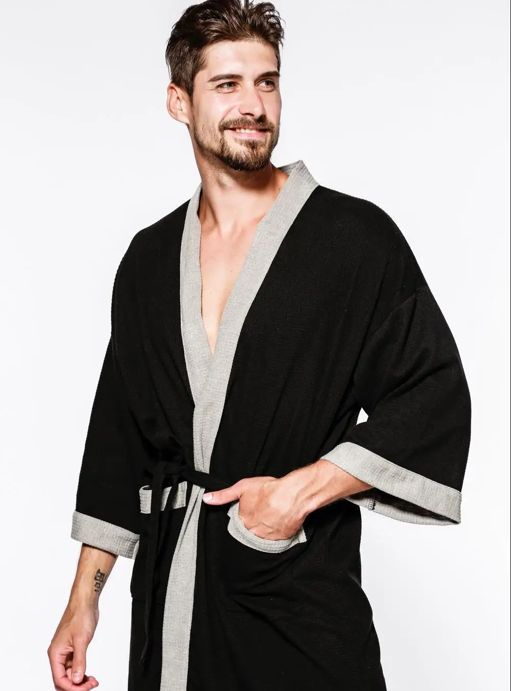 Cotton bathrobe Cotton Waffle Men Kimono Bathrobe Gown Sleepwear Couple Black Robe Nightwear Loose Casual Sauna Yukata Spring Summer Home Wear