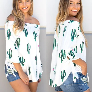 

Sexy Women's Slash Neck Off Shoulder T-shirt Cactus Print Three Quarter Sleeve T-shirt Women's Clothing Tshirt