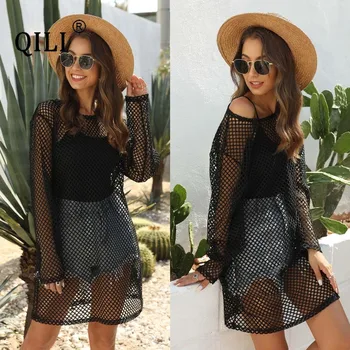 

QILI Women Mesh Plaid Dress Black White O-neck Long Sleeve Beach Summer Dresses Casual Womens See Through Dress Plus Size