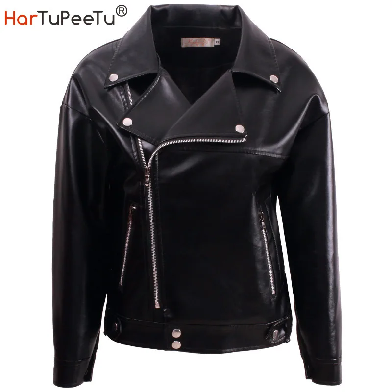 

PU Leather Jacket Motorcycle Women Autumn Winter Fleece Coat 2020 Korean Style Oversize Fit 2XL Black Zipper Waterproof Outwear