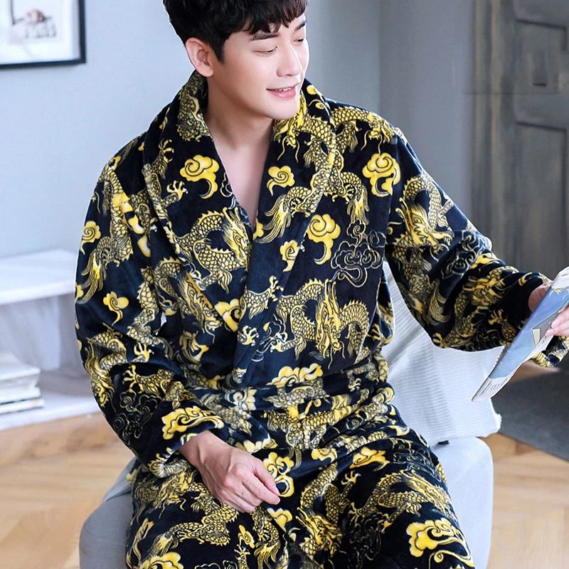 Coral Fleece Male Robe Autumn Winter Flannel Warm Sleepwear Men Thicken Bathrobe Lounge Nightgown Oversized Leisure Home Clothes jockey pajama pants