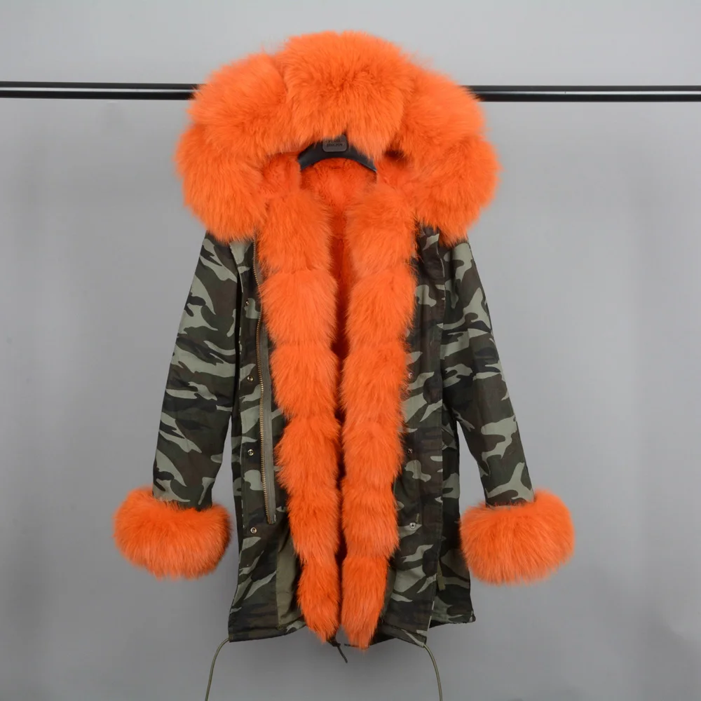 Camouflage Orange Новое поступление парка из натурального Лисьего меха пальто с капюшоном и большим воротником зимняя теплая плотная камуфляжная верхняя одежда VS9103 - Color: Camouflage Orange