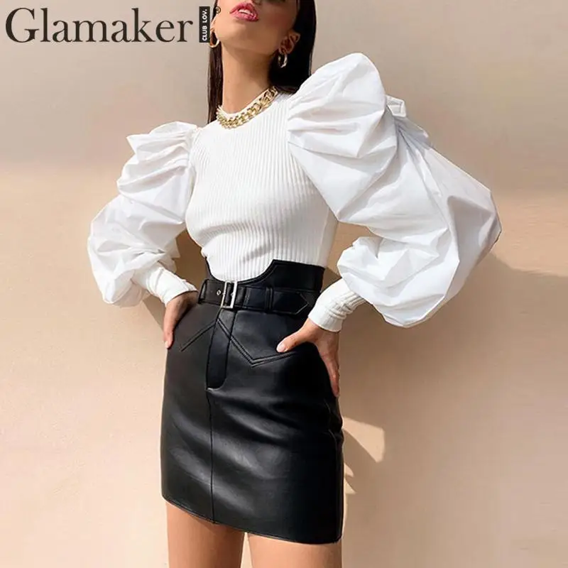 Glamaker, сексуальные топы с длинными рукавами-фонариками, блузка, женский элегантный топ, вязаный, модный, шикарный, вечерние, Клубная, уличная, короткая блузка