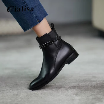 

CIALISA Shoes Genuine Leather Metal Decoration Round Toe Low Heel Zipper Boot 2020 New Fashion Design Ankle Boots For Women