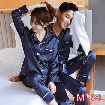 

Couple Pajamas Women Spring And Autumn Silk Pajamas Men's Long Sleeve Suit Ice Silk Korean Large Size Thin Section Home Service