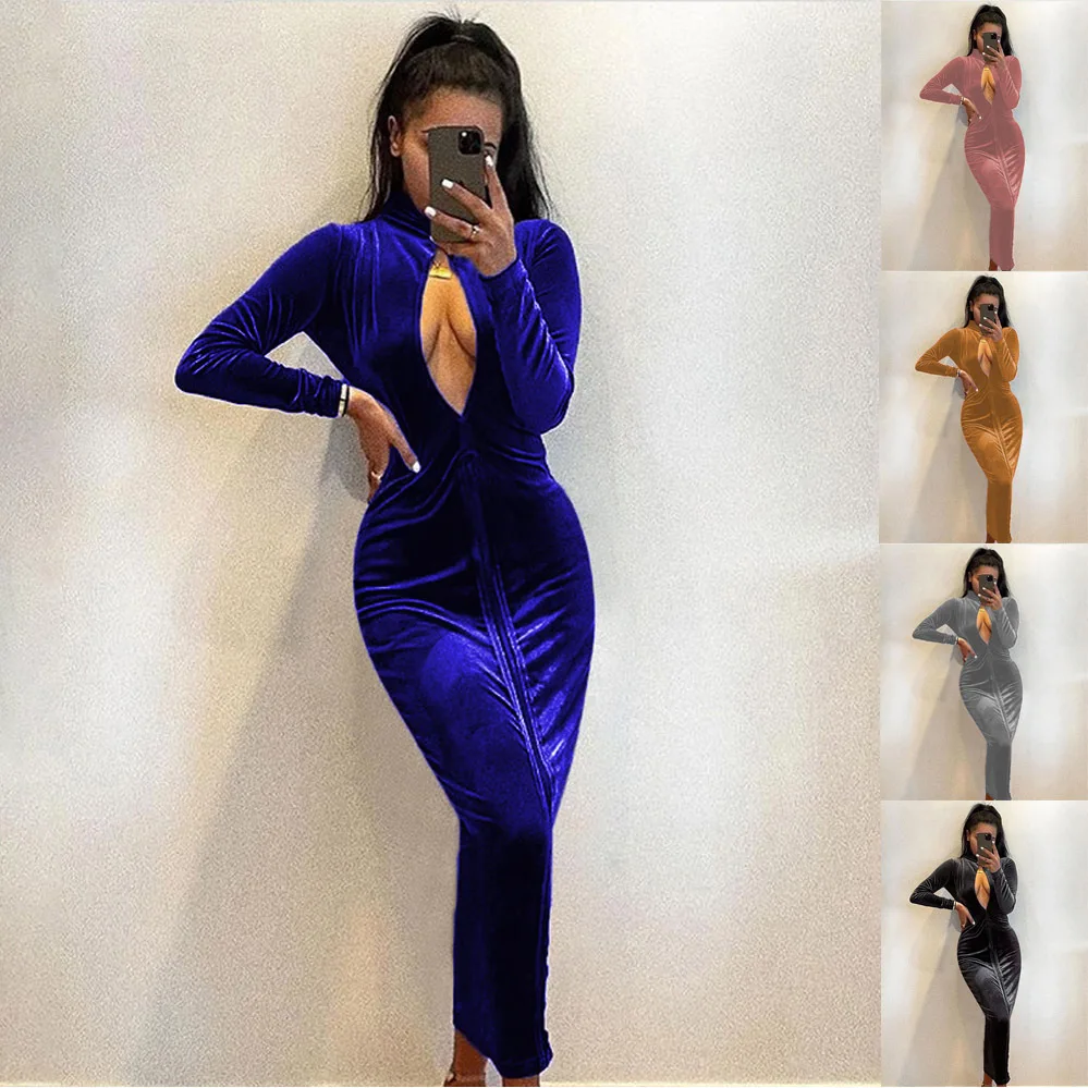 

Velvet Women Long Dress Solid Long Sleeve 2021 Autumn turtleneck Bodycon Maxi Dresses Sexy Hollow Out Night Club Party Vestidos