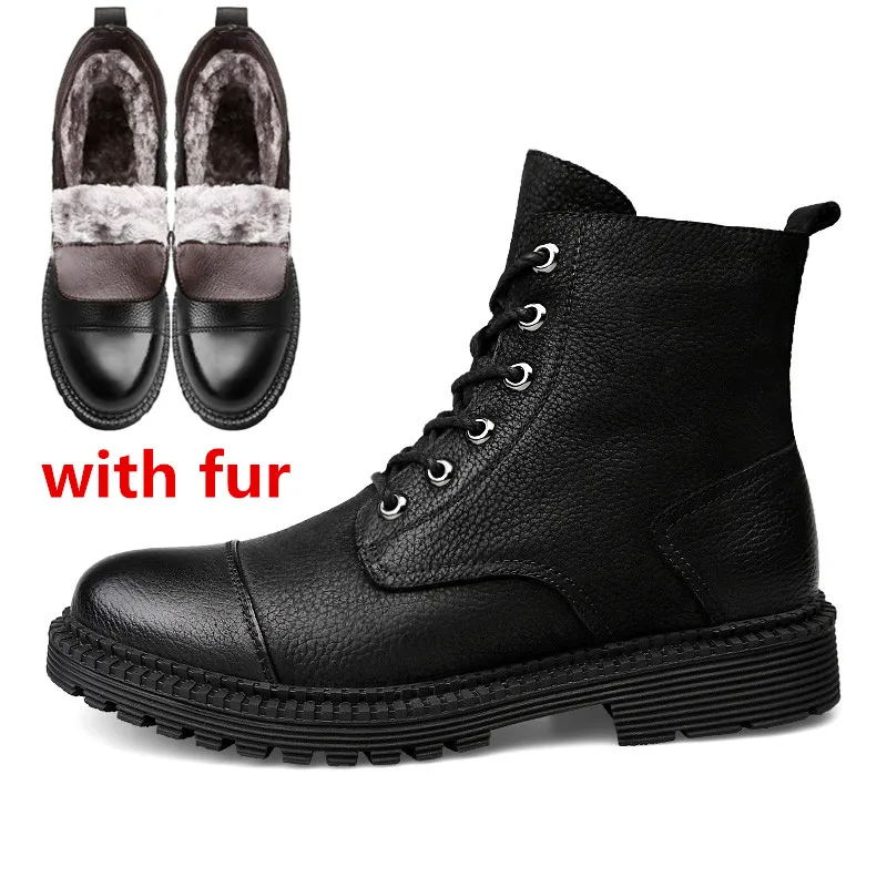 black fur Зимние тактические ботинки; мужские теплые ботинки-дезерты из натуральной кожи и плюша; модные зимние ботинки в военном стиле; большие размеры 48; o1 - Цвет: black fur