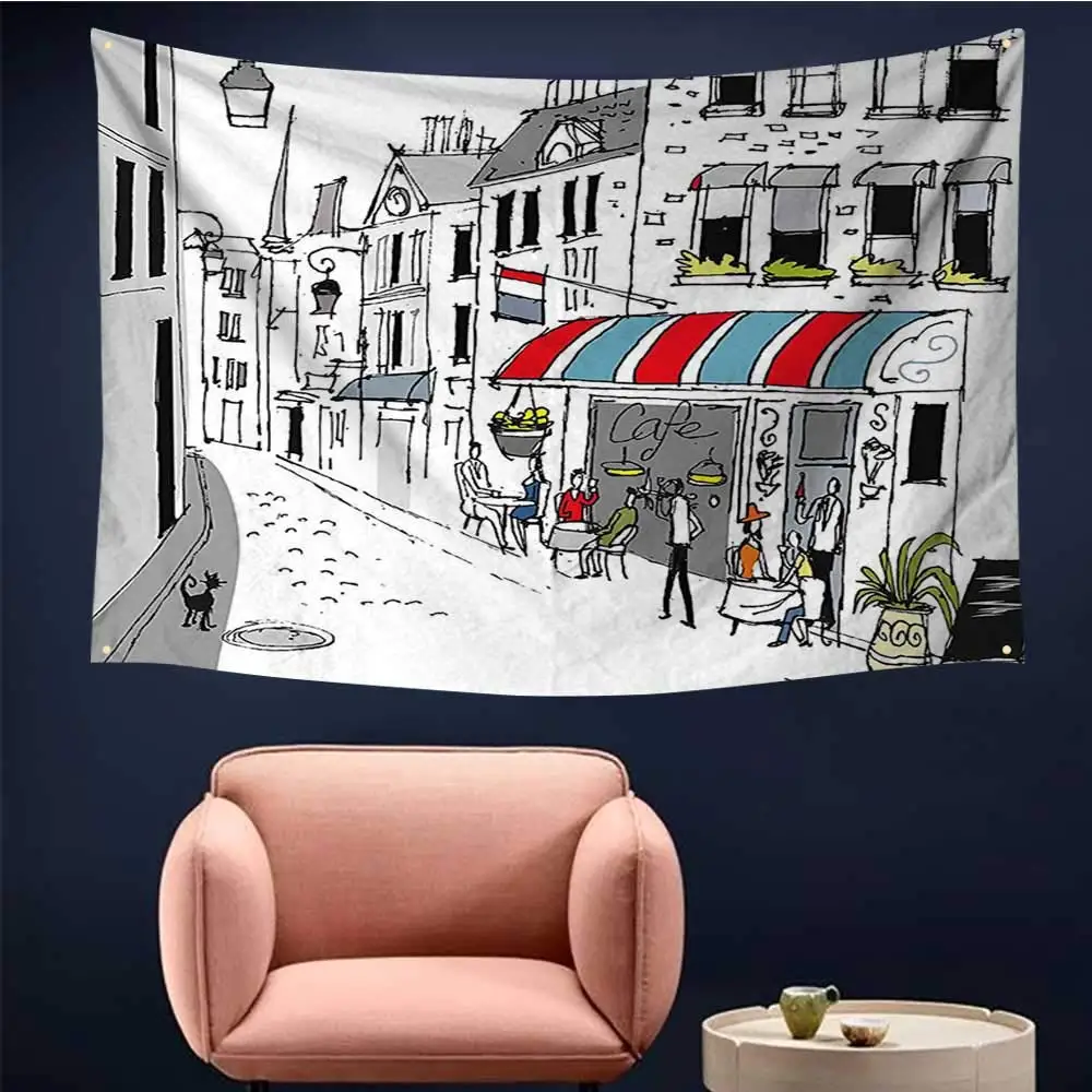 Cool Wall Tapestry Drawing of A Street in Paris A Cafe and The Street Lamp