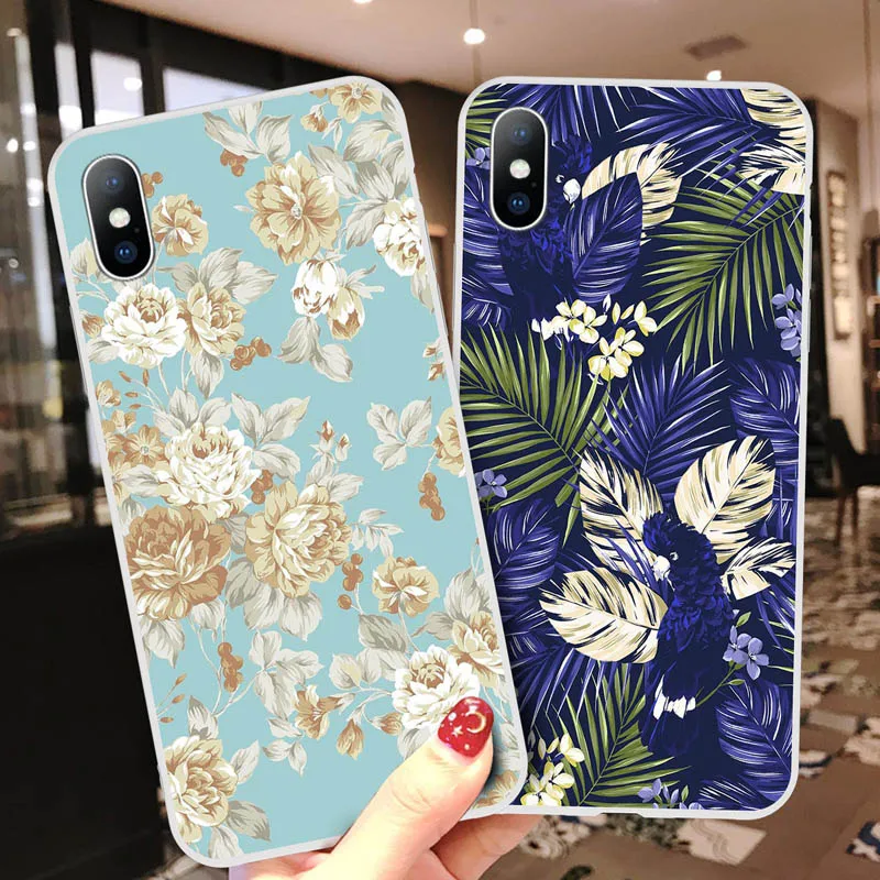 

Lovebay Phone Case For iPhone X XS XR Xs Max 6 6s 7 8 Plus 5 5s SE Retro Floral Flower Leaves Soft TPU Back Cover For iPhone X