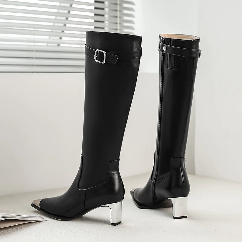 New Brand Genuine Autumn Winter Quality Genuine Leather Slip Women Knight Boots Punk Pointed Toe High Heels Party Boots