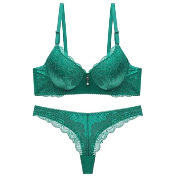 

Womens Sexy Push Up 3/4 Cup Green Red Beige Lace G String Bra Thongs Underwear Set , T Back Lingerie Bralette Suit for Women