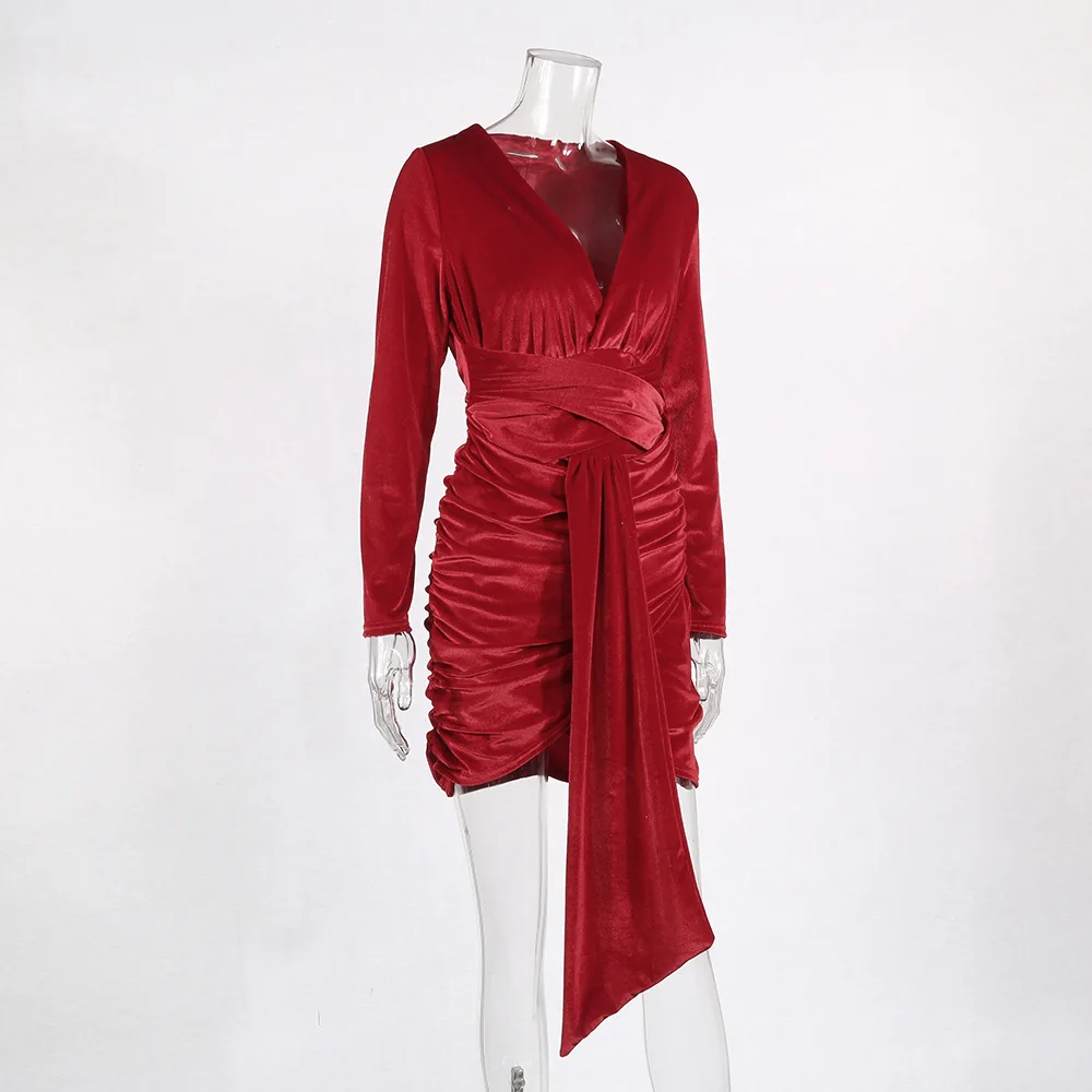 Криптографическое сексуальное красное платье с глубоким v-образным вырезом и рюшами, рождественское мини-платье с длинным рукавом, мода зима