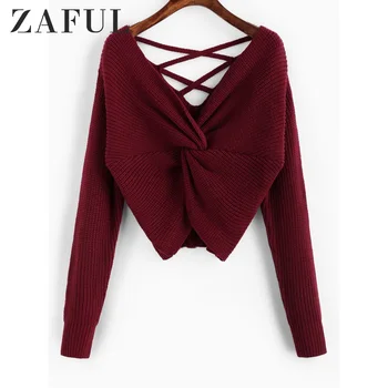 

ZAFUL Twisted Criss Cross Drop Shoulder Sweater Solid Plunging Neck Women Sweater Night Out Sexy Loose Short Pullover Sweater
