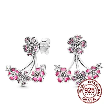 

S925 Sterling Silver Original Logo Peach Blossoms Flower Europe Stud Dangle Earrings For Women Charm Gift Fashion Jewelry Gifts