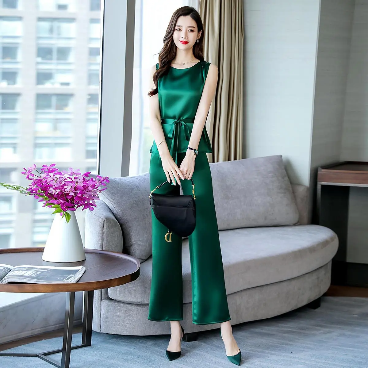 

Acetic Acid Satin Loose Pants WOMEN'S Suit 2019 Spring And Summer New Style Korean-style Elegant Slim Fit Fashion Casual Two-Pie