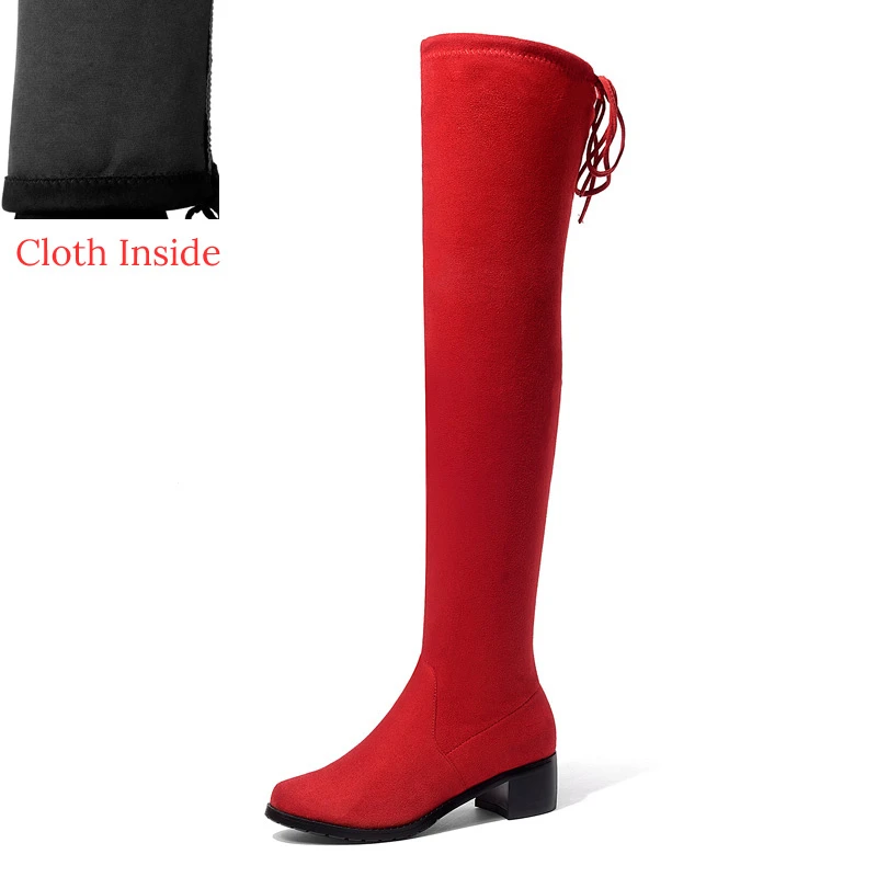 Стрейчевая ткань; облегающие высокие сапоги; Женская осенне-зимняя обувь на среднем каблуке; модные женские сапоги выше колена с перекрестными ремешками; A328 - Цвет: Red Cloth Inside