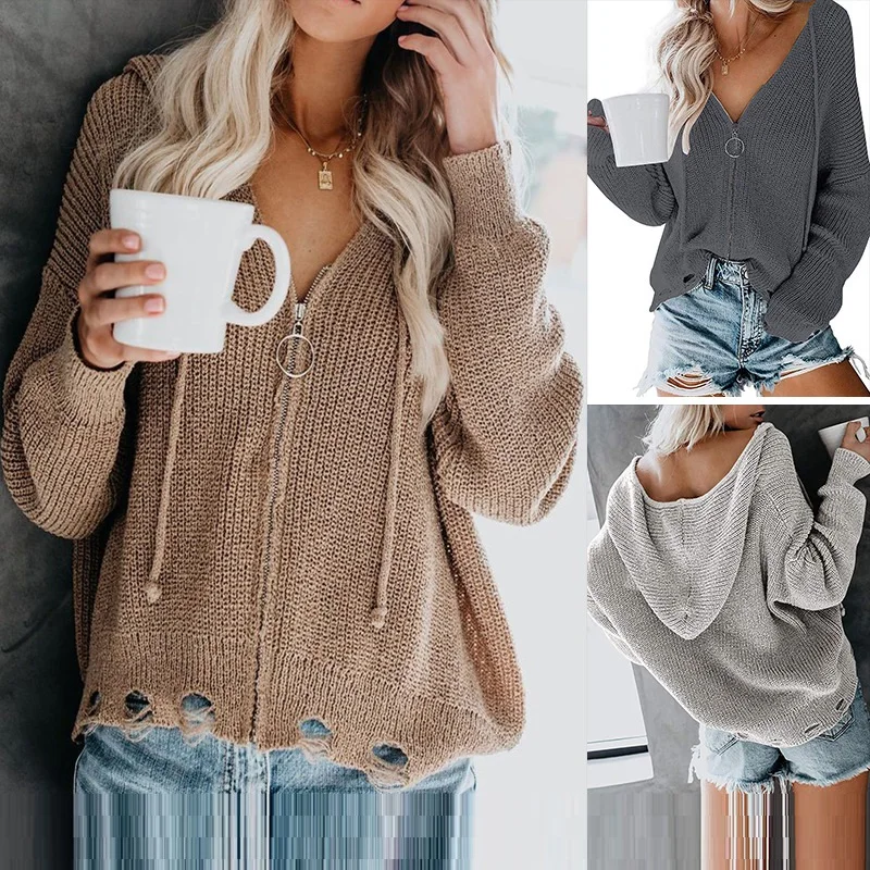 

Sexy Khaki Cardigan Women's Loose Knit Long Sleeve Hooded Women's Sweater