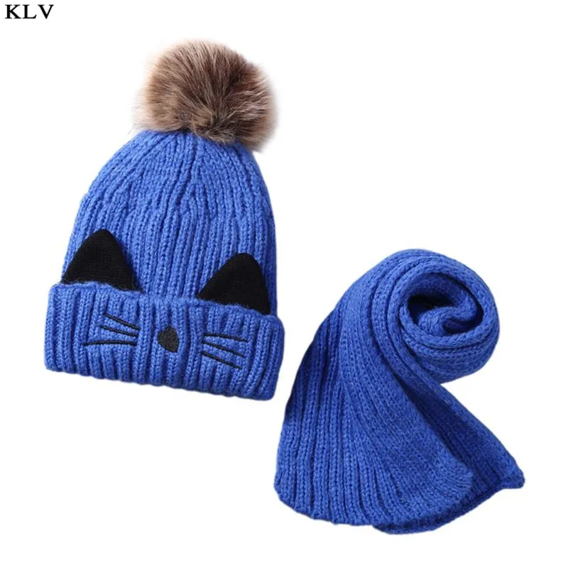 Blue Детский шарф, вязаная шапка(комплект) с рисунком котенка, пушистый помпон, детская шапка, шаль AXYD - Цвет: Blue