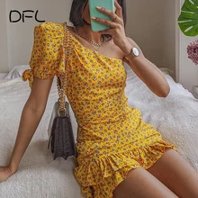 

DFLlifes Ruffle Floral Dress One Shoulder Short Sleeve Slim Robe Sexy Clubwear Female Clothes Basic Women's Mini Dresses 2022