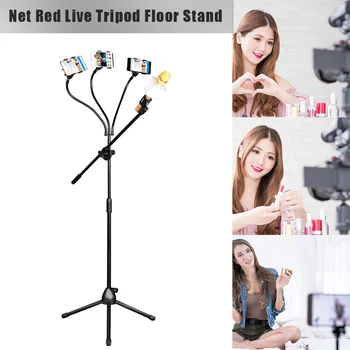 

Live Streaming Tripod Selfie Stand with 3 Mobile Phone Holder and Microphone Holder for Photography Video AS99