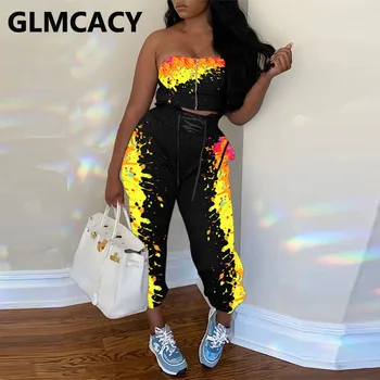 

Women Paint Printed Two Piece Chic Suits Sets Strapless Tube Crop Top & Lace Up Elastic Pants Set
