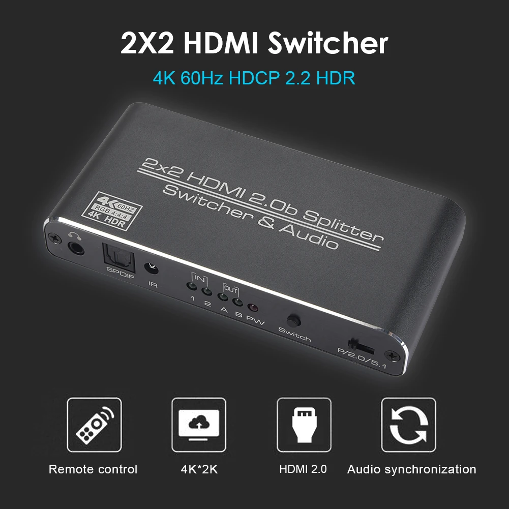 

4K HDMI 2.0 2x2 HDMI Matrix 4k 60Hz 3D HDCP 2.2 HDR HDMI Switch Switcher with 3.5mm Headphone Audio Output