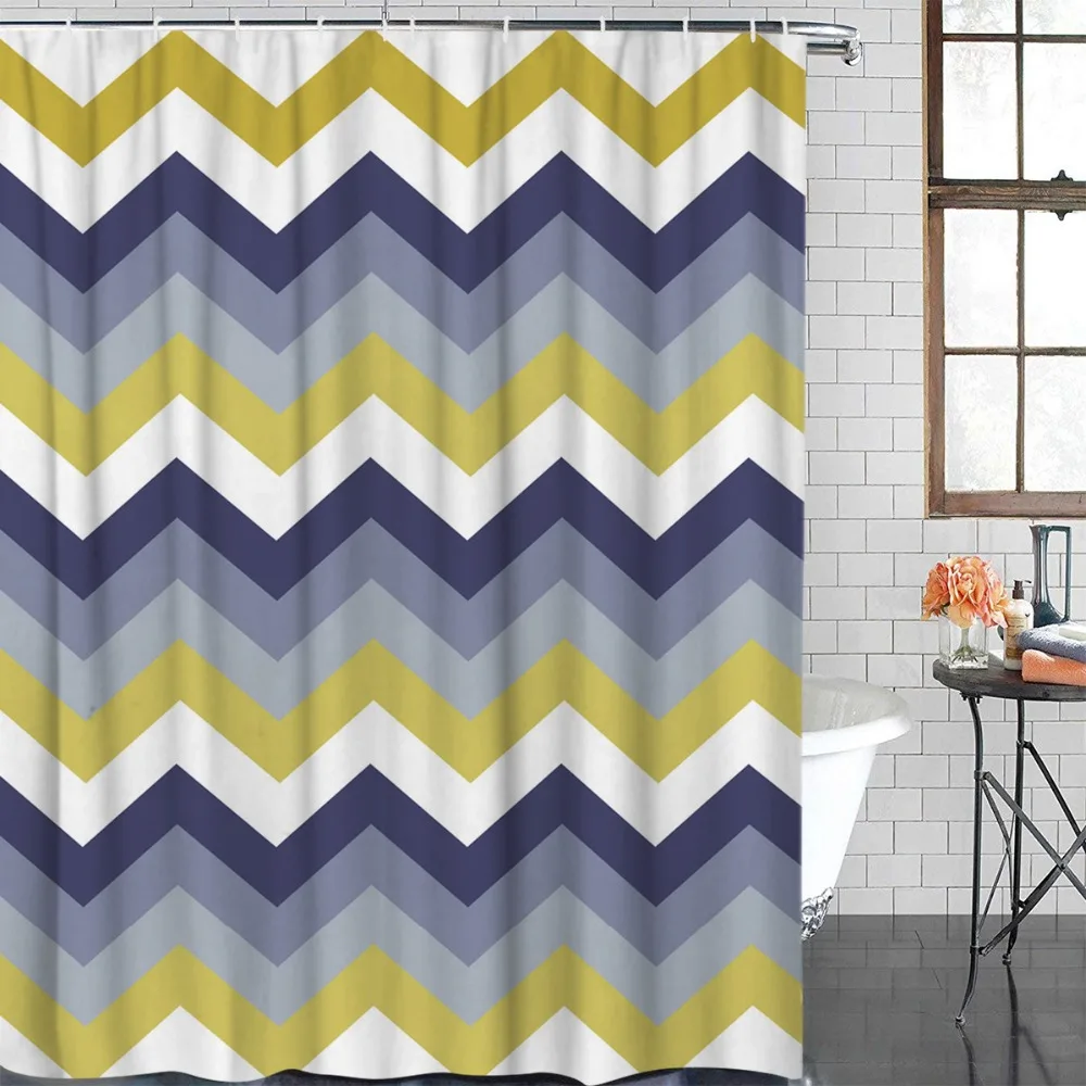 Bohemian Striped Waves Striped Pattern with Gold Glitter Polyester Fabric Bathroom Shower Curtain Set with Hooks