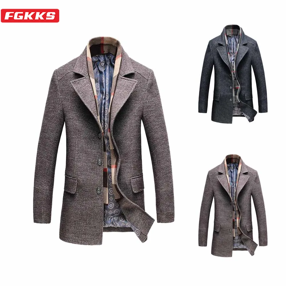 FGKKS Winter New Men Wool Coats Quality Brand Men's Fashion Warm Thick Overcoat With Scarf Casual Wool Blend Coat Male FGKKS Winter New Men Wool Coats Quality Brand Men's Fashion Warm Thick Overcoat With Scarf Casual Wool Blend Coat Male