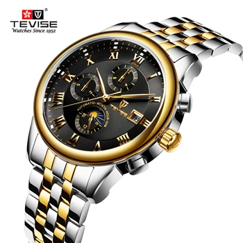 

TEVISE Automatic Mechanical Watch Men Stainless Luxury Moon Phase Auto Date Waterproof Top Brand Wristwatch Gold Business Reloj