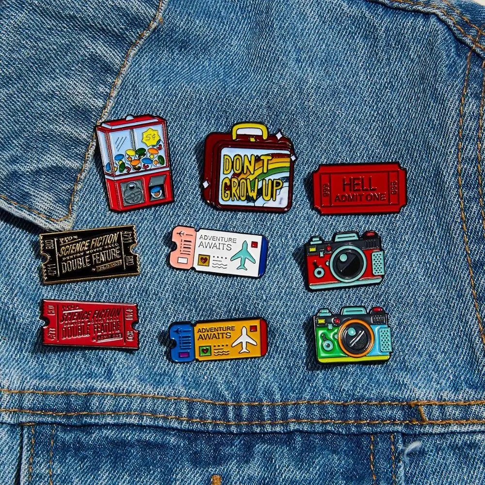 

Movie Ticket Brooch Candy Vending Machine Punk Film Enamel Pin Cinema Cartoon Camera Cute Air Ticket Rainbow Suitcase Lapel Pins