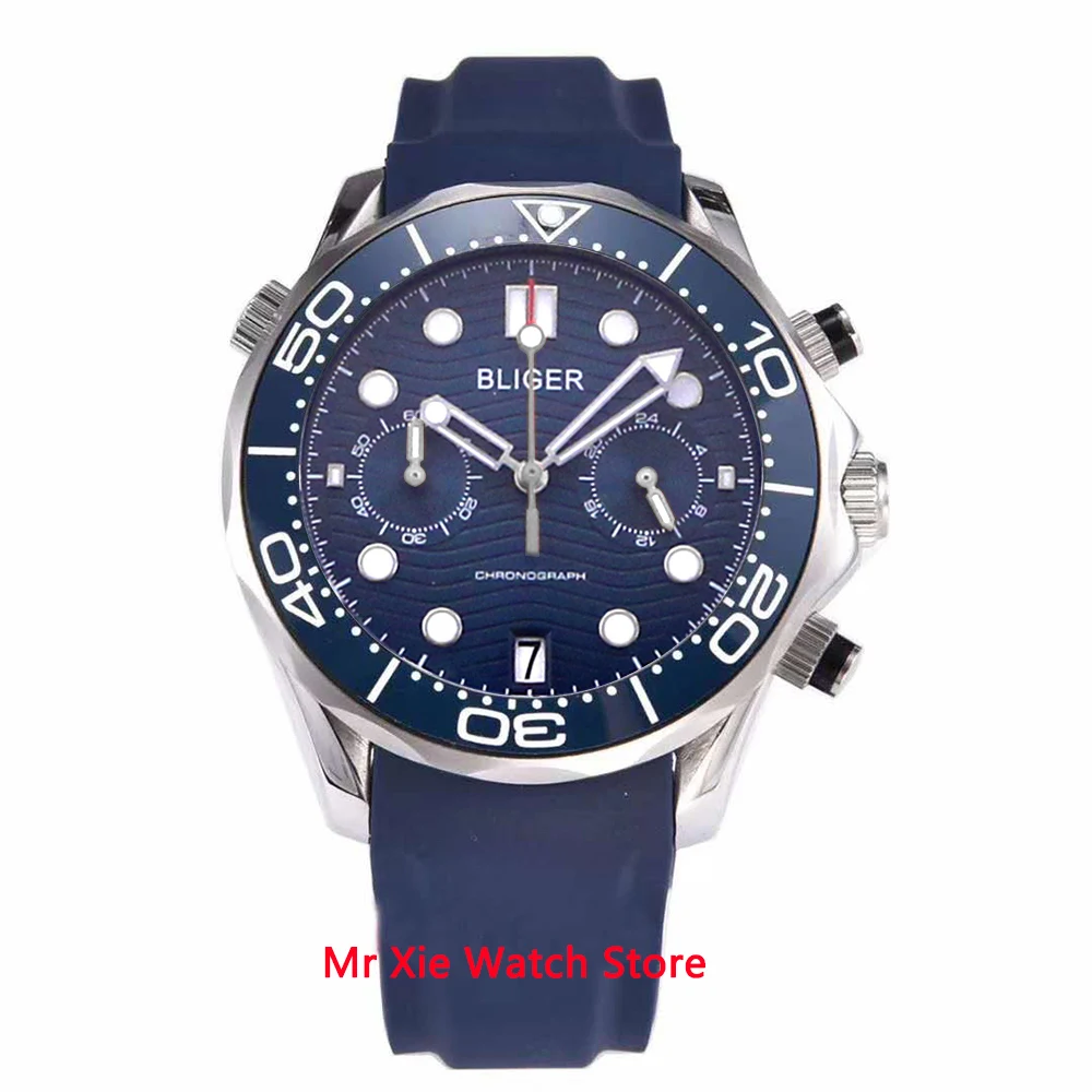 

Bliger 41mm Quartz Watch Men Sapphire Glass Luminous Waterproof Rubber Strap Calendar Sport Chronograph Function Wristwatch Men