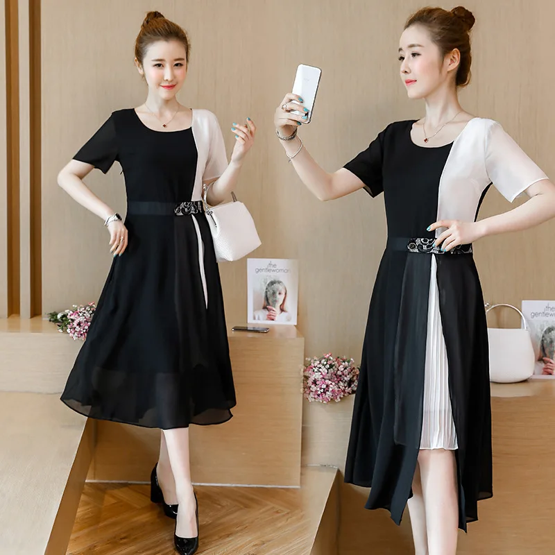 

2019 Summer Wear New Style Large Size Fat Mm Elegant Chiffon Black And White Stitching Slimming a Version Belt Mid-length Dress