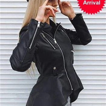

Woman 2020 Spring Solid Color Long Sleeve Turn-down Collar Zippers Irregular Hem Loose PU Coat Jacket Fashion New